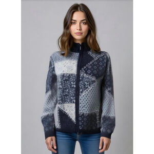 Talbots Women's Cardigan Merino Wool Zipper Closure Size Med Blue Patchwork Twee